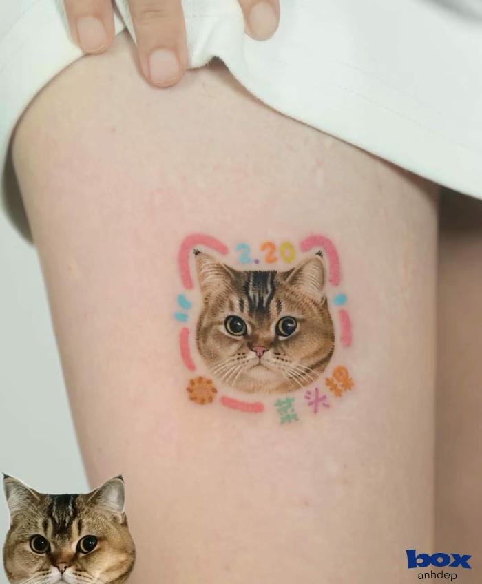 hình xăm đùi nữ mèo cute