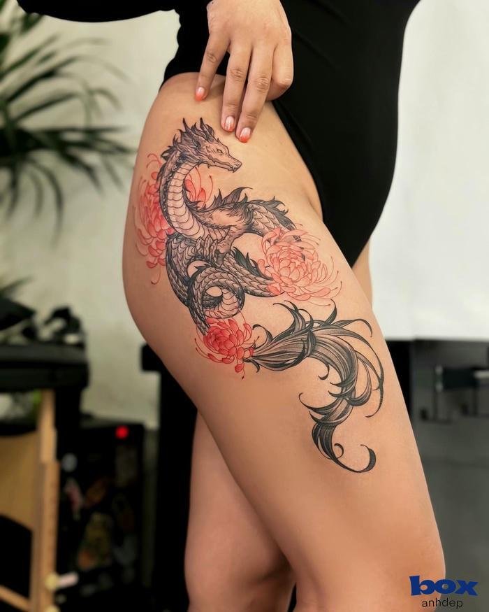 hình xăm đùi nữ rồng